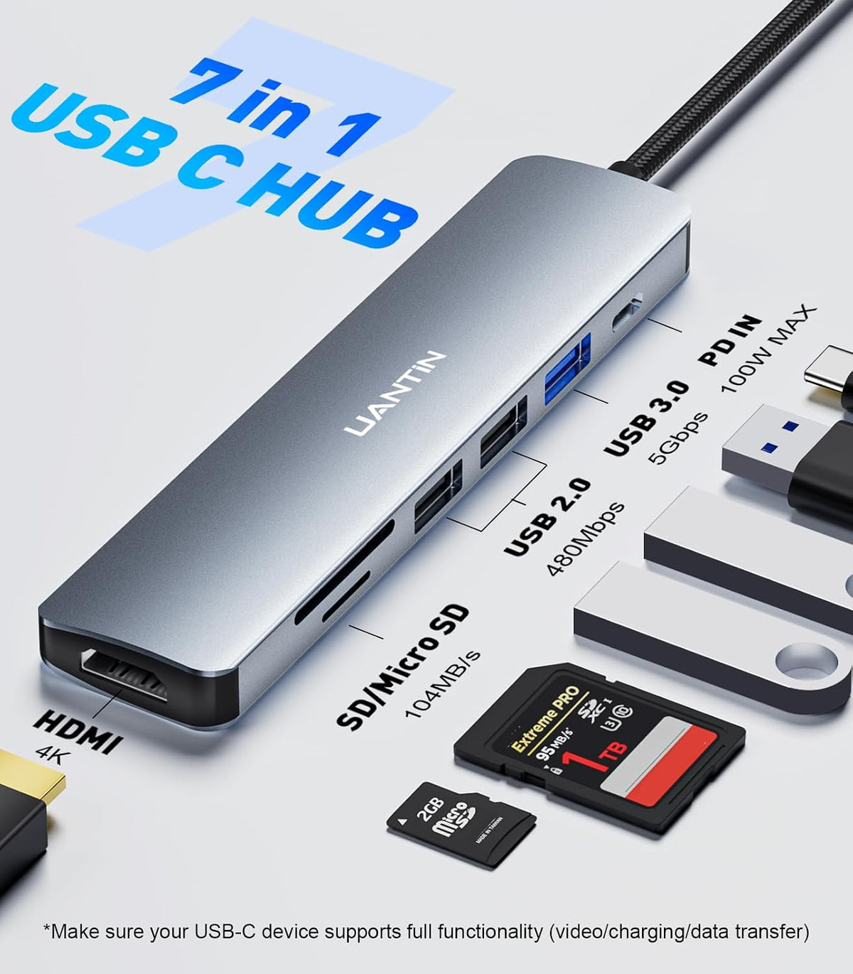 UANTIN USB C Hub, 7 in 1 Multiport Adapter for Laptop/Mac Type C Devices - Image 2