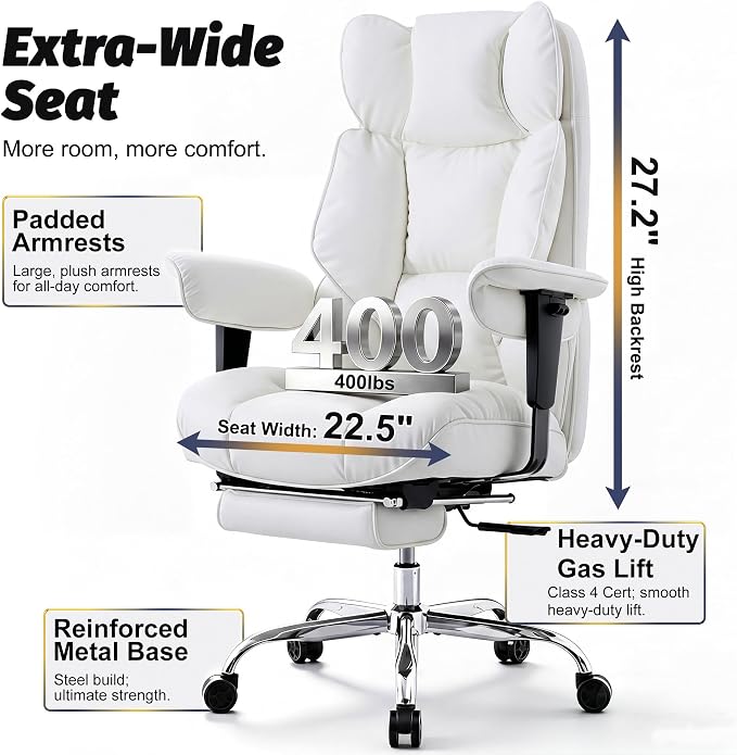 Efomao Executive Office Chair 400lbs,White Big and Tall Desk Chair | Mattress-grade pocket spring cushion, sleek leather, 135° recline & footrest for computer gaming setup. - Image 3