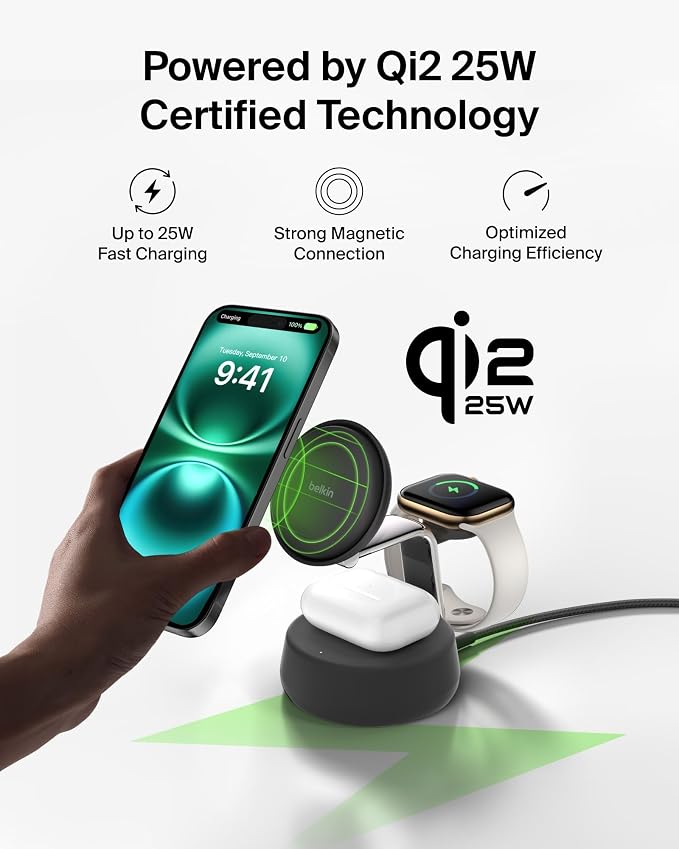 Belkin Qi2.2 25W Wireless Fast Charging Station, 3 in 1 iPhone Charger | Fast Charging, MagSafe Compatible, iPhone 17/16/15, Apple Watch, AirPods, Travel Charger, Magnetic - Image 5