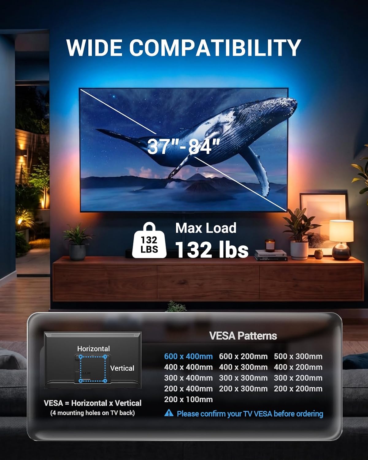 Pipishell Full Motion TV Wall Mount with LED Lights for Most 37–84 Inch TVs - Image 4