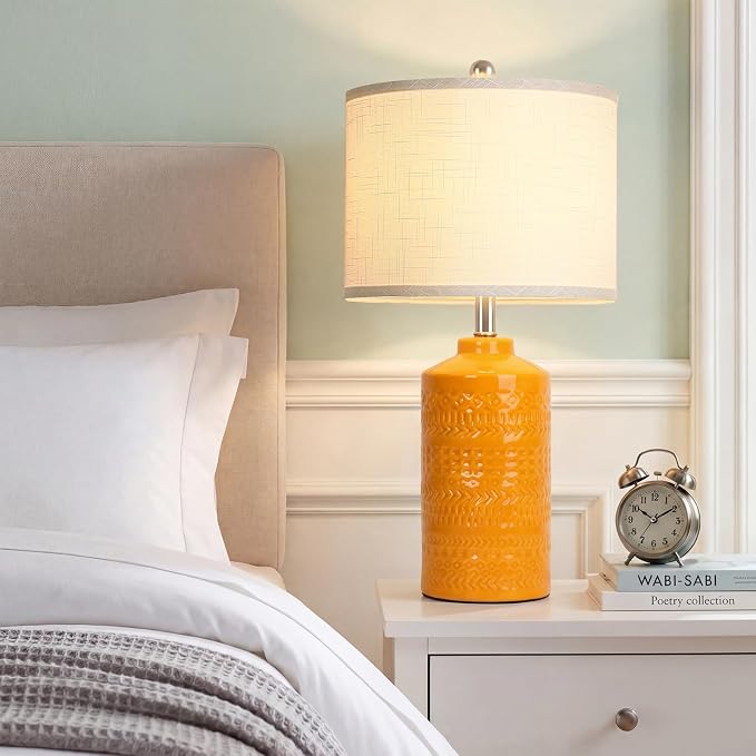 JUNNAI 25" Modern Orange Ceramic Table Lamp for Living Room Nightstand 3-Way Dimmable Farmhouse Lamp for Bedroom Bedside Entryway Tabletop Office with White Slub Fabric Lampshade (Bulb Included) - Image 2