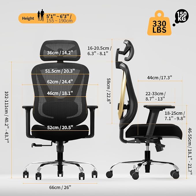 Ergonomic Mesh Office Chair - 3D Adjustable Lumbar Support & 3D Armrests, V-Shaped Back, Adjustable Desk Chair for Office & Home, Black and Gold - Image 2