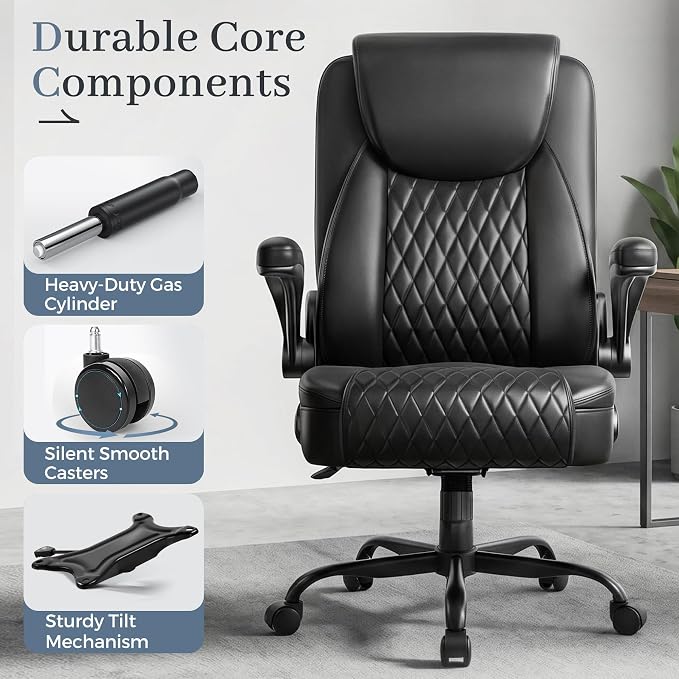 GTPOFFICE Executive Office Chair with Comfortable Lumbar Support, Ergonomic Gaming Chair with Flip-up Armrests & Zoned Pressure-Relief Cushion, Comfy PU Leather Desk Chair, Black - Image 10