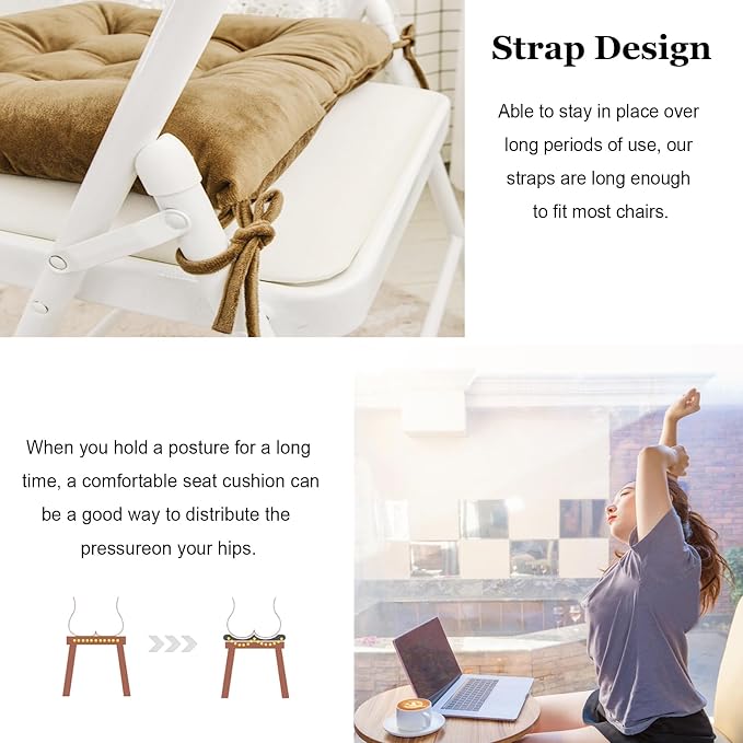 6 Pack Square Seat Cushion Chair Pads for Kitchen Dining Chairs, Soft Comfort Velvet Chair Mat Pillow Cushions with Ties for Office Desk Living Room Tatami 15.5", Khaki - Image 4