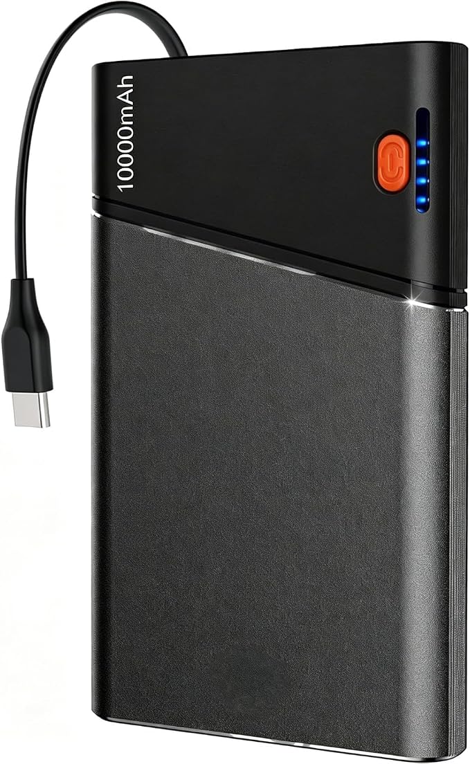 Aaoyun 10000mAh Portable Power Bank, 22.5W PD Fast Charging Battery Pack with Built-in USB-C Cable, Ultra-Slim External Phone Charger for iPhone 17/16/15, Samsung Galaxy S24, Android (Grey) by Aaoyun