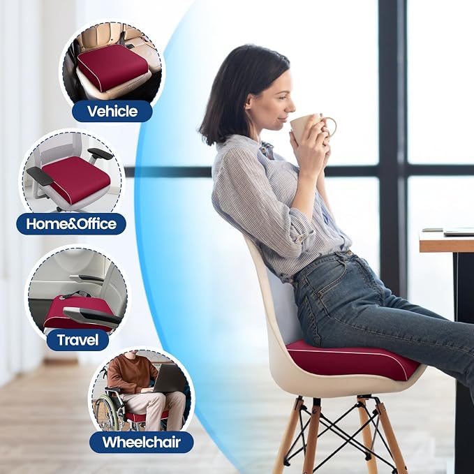 SweetSlubr Seat Cushion, Chair Pad, Memory Foam Tailbone Pain Relief | Office Chair Cushion for Tailbone Pain Relief, Non-Slip Cover, Soft Support for Office Chair, Car Seat, Airplane,2X-Large/Red - Image 6
