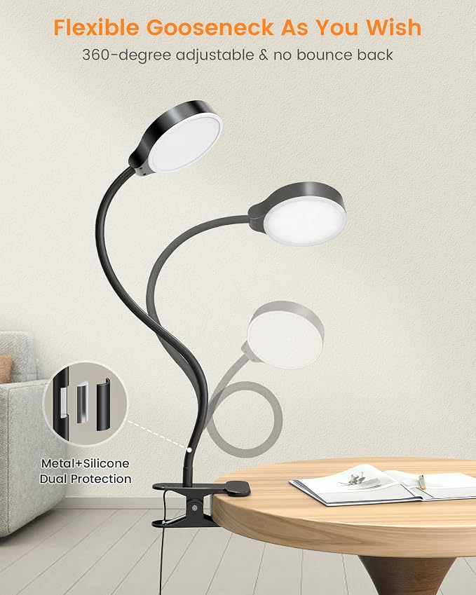 Glocusent 5W Clip on Light, 3 Colors & 5 Brightness Reading Light for Bed | Flexible Gooseneck Clip on Lamp, 30-Min Timer, Reading Lamp, Perfect Desk Lamp for Dorm,Bunk,Bed,Headboard,Table,Work,Craft - Image 4