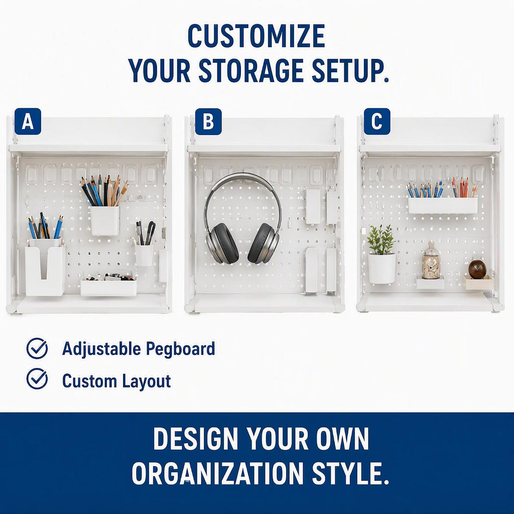 3-Tier Desk Organizer Shelf, Adjustable Pegboard Bookshelf, White - Image 5