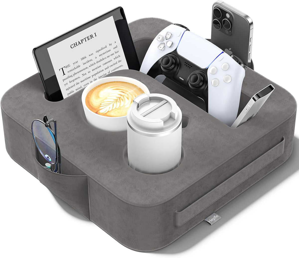 Couch Cup Holder Pillow, Sofa and Bed Caddy for iPad, Kindle, Switch, Game Controller, Remotes, Phones, Small-Sized Cup & Drink Holder for Couch, Bed, Desk, Car, Beach, Bathroom Cup Holder, Deep Gray by Heyife