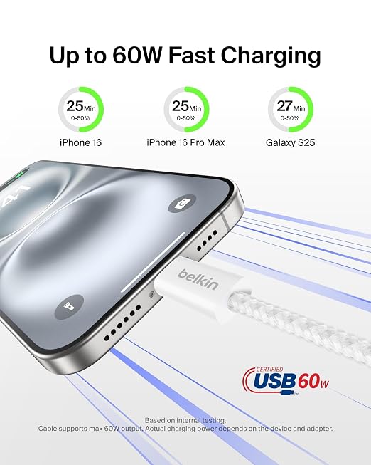 Belkin USB C to USB C 60W Braided Cable 2 Pack, 6.6ft iPhone Charger Cord | iPhone 15/16/17, Samsung Galaxy S26, Pixel 10, Airpods, iPad, Nintendo Switch 2, MacBook, Steam Deck, Travel, Chromebook - Image 2