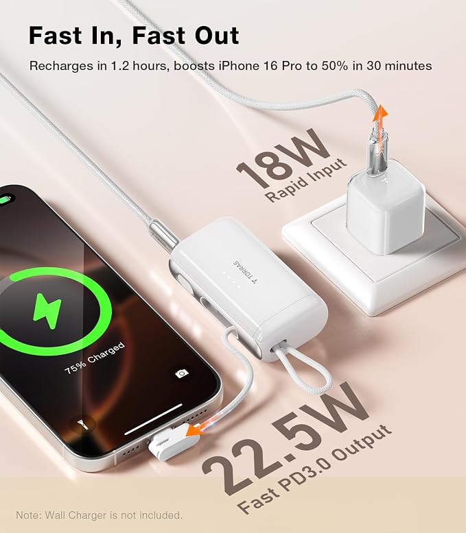 TORRAS iPhone 16 Portable Charger, 5000mAh 22.5W Power Bank with Built-in USB-C Cable, Fast Charge Battery Pack for iPhone 17/16/15, Galaxy S25, Google for Travel Outdoor Hiking Backup Battery, White - Image 2