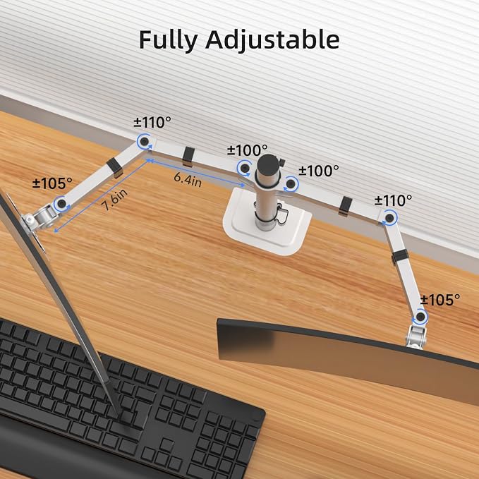 Suptek Dual Monitor Desk Mount, Adjustable Dual Monitor Arm for 2 Monitor Screens up to 38 inch, Extra Tall 15.75" Pole Monitor Stand for Desk, Holds up to 22 lbs,Silver(MD9442MS) - Image 3