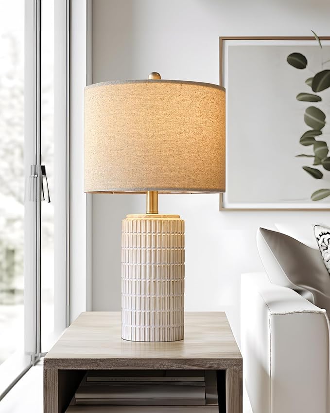 PoKat 23'' Bedside Table Lamp for Bedroom Nightstands, Modern Ceramic Decor | White Desk Lamp, Nickel Pole, House Warming & Birthday Gifts, for Women Mom, Ideal Table Light for End Table & Living Room - Image 4