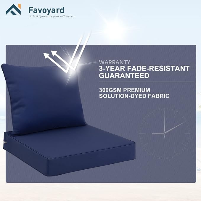 Favoyard Outdoor Patio Seat Cushions Set, 22 x 22 Inch, Waterproof, Blue | Fade-Resistant, Removable Cover, Deep Seat & Back Cushion, Tie Straps for Patio Furniture, Garden, Rocking Chair, Sofa Couch - Image 5
