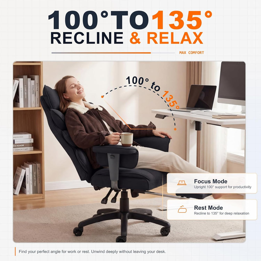 Dowinx Big and Tall Office Chair with Pocket Spring Cushion,High Back Computer Gaming Chairs with Adjustable Armrests,Executive Desk Chairs with Lumbar Support and Footrest,Cloth-Black - Image 7