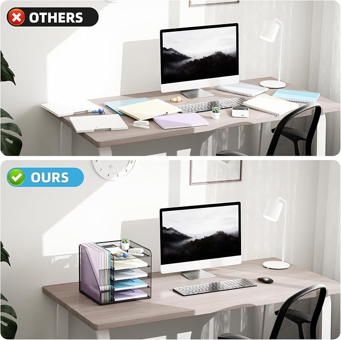 Marbrasse Desk Organizers and Accessories, 5-Tier Paper Letter Tray Organizer with File Holder, Mesh File Organizer, Office Desk Accessories & Organization for Supplies (Black) - Image 5