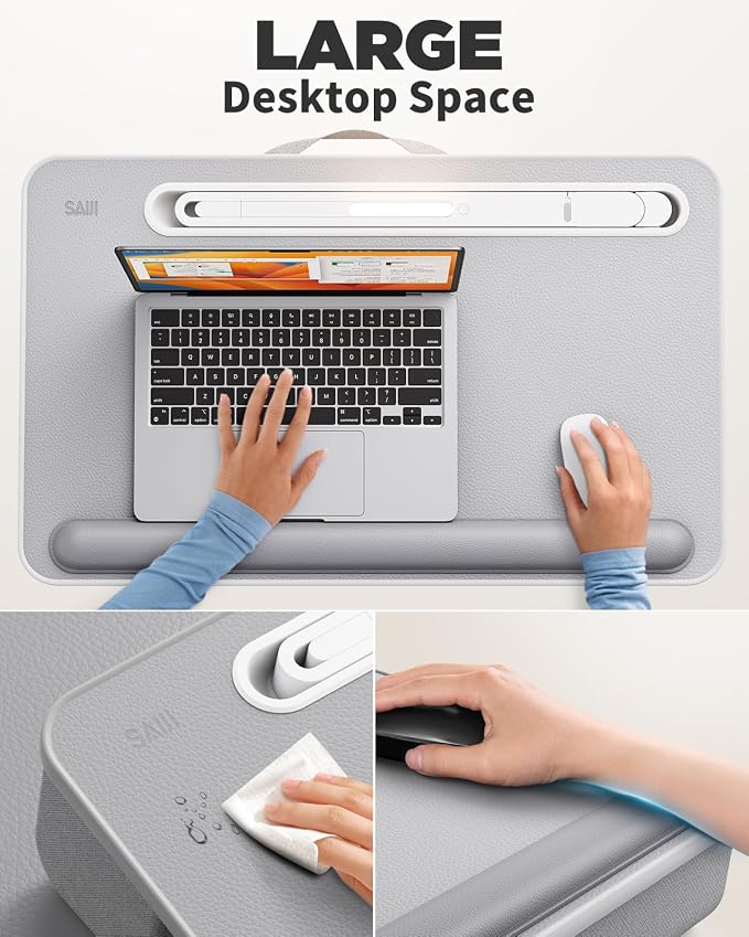 SAIJI Lap Desk with LED Light, Portable Laptop Tray with Cushion | Fits Up to 17" Laptops & MacBook, Lap Desks for Writing and Working, Leather Top, with Drawer, Wrist Rest and Phone Holder - Image 2