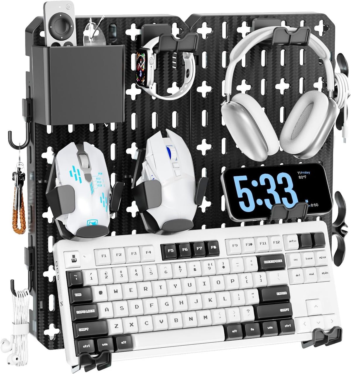KDD Keyboard and Mouse Display Stand Holder, Wall Mount Office Organization Pegboard Combination Kit with Pen holder, Hooks, Headset & Controller Stand for Office & Home Hanging Organizer Storage by KDD