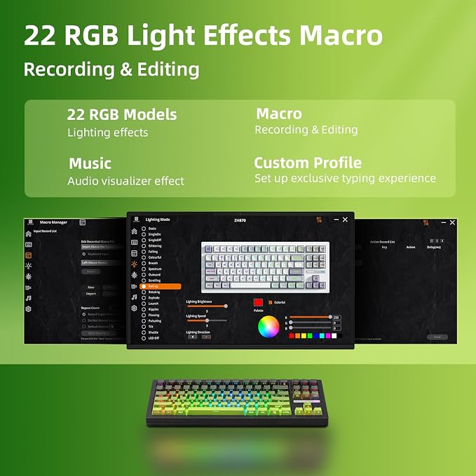ZORNHER ZH870 Wireless Mechanical Gaming Keyboard,80% Green Custom Creamy Sound Keyboard with Shine Through PBT Keycaps,Pre-lubed Linear Switches,Hot-Swappable,RGB Backlit,2.4GHz/USB-C/BT5.0 - Image 8