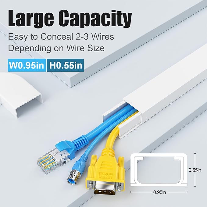 Yecaye Cord Covers for Wires on Wall, 113in, W0.95in H0.55in, White | TV Cord Hider, Medium Cord Organizer for 2-3 Wires, Cable Management Kit, Easy Install - Image 2
