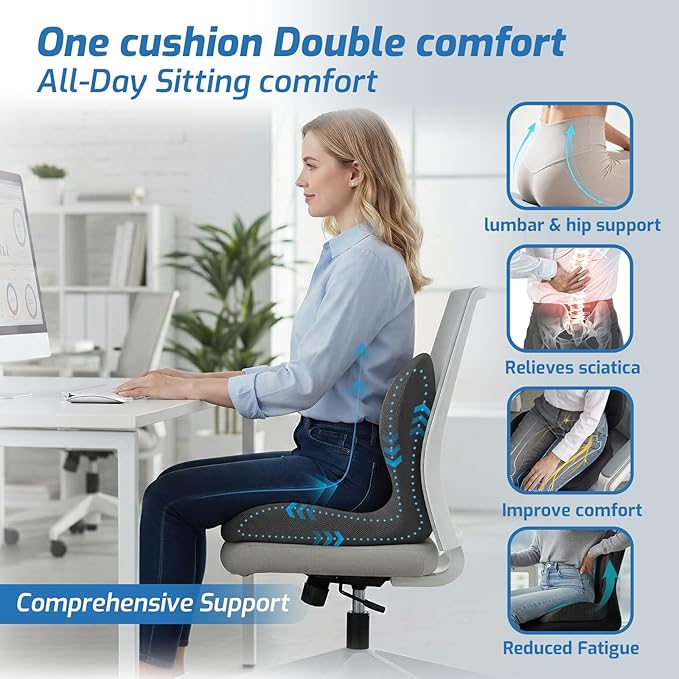 Seat Cushion with Lumbar Support Pillow,Ergonomic Chiar Cushion | Suitable for Long Sitting,Back Pressure Relief & Tailbone,Memory Foam Sciatica Pad for Office,Car, Home Chairs - Image 2