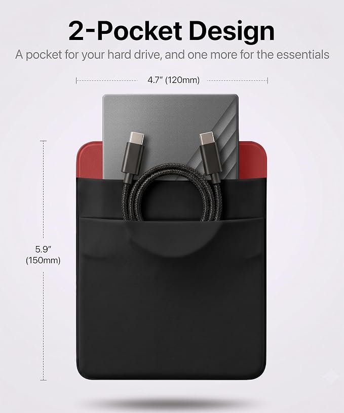 2-Pocket SSD & Hard Drive Holder for Laptop, Reusable 3M Adhesive | Stick-On Sleeve for 2.5-Inch External HDDs & SSDs | 5.9 x 4.7-Inch Pouch | Separate Pocket for Cables | Built-In Safety Strap - Image 2