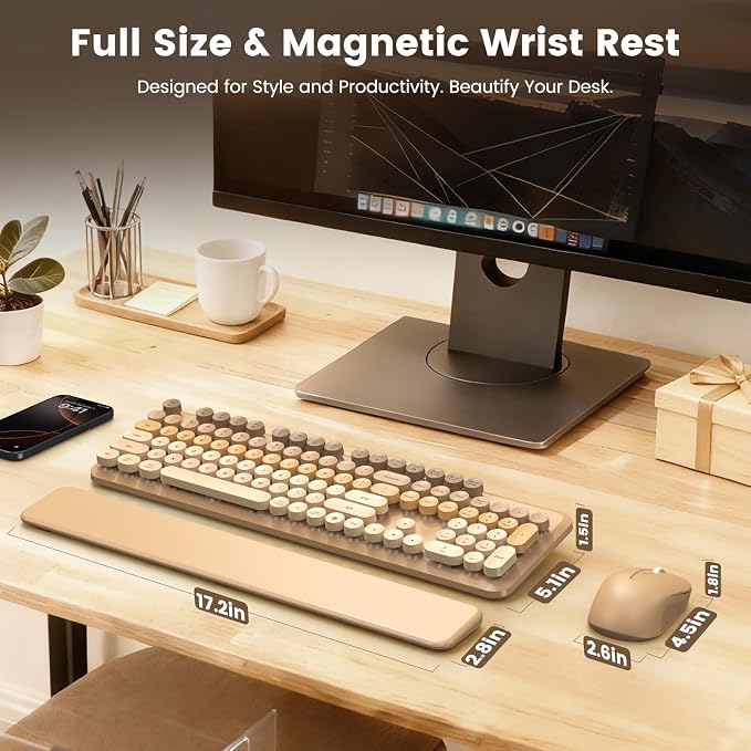 Wireless Keyboard and Mouse Combo, Full-Size Retro Typewriter Keyboard with Round Keycaps, Magnetic Wrist Rest & Tilt Legs, 2.4GHz Cordless for Mac/Windows PC/Laptop, SABLUTE CK23, Latte Gradient | Full-Size Retro Typewriter-Style Keyboard, Tilt Legs, ... - Image 8