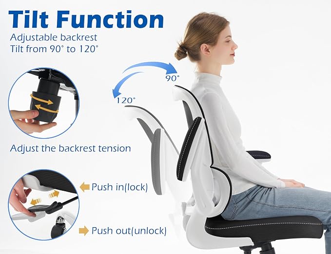 TRALT Ergonomic Office Chair Desk Chair with Adjustable Lumbar Support | Desk Chair Comfy with Flip-up Armrests Ergonomic Chair - Mesh Computer Chairs for Adults, 330lbs, PU Leather (Black White, 1) - Image 6