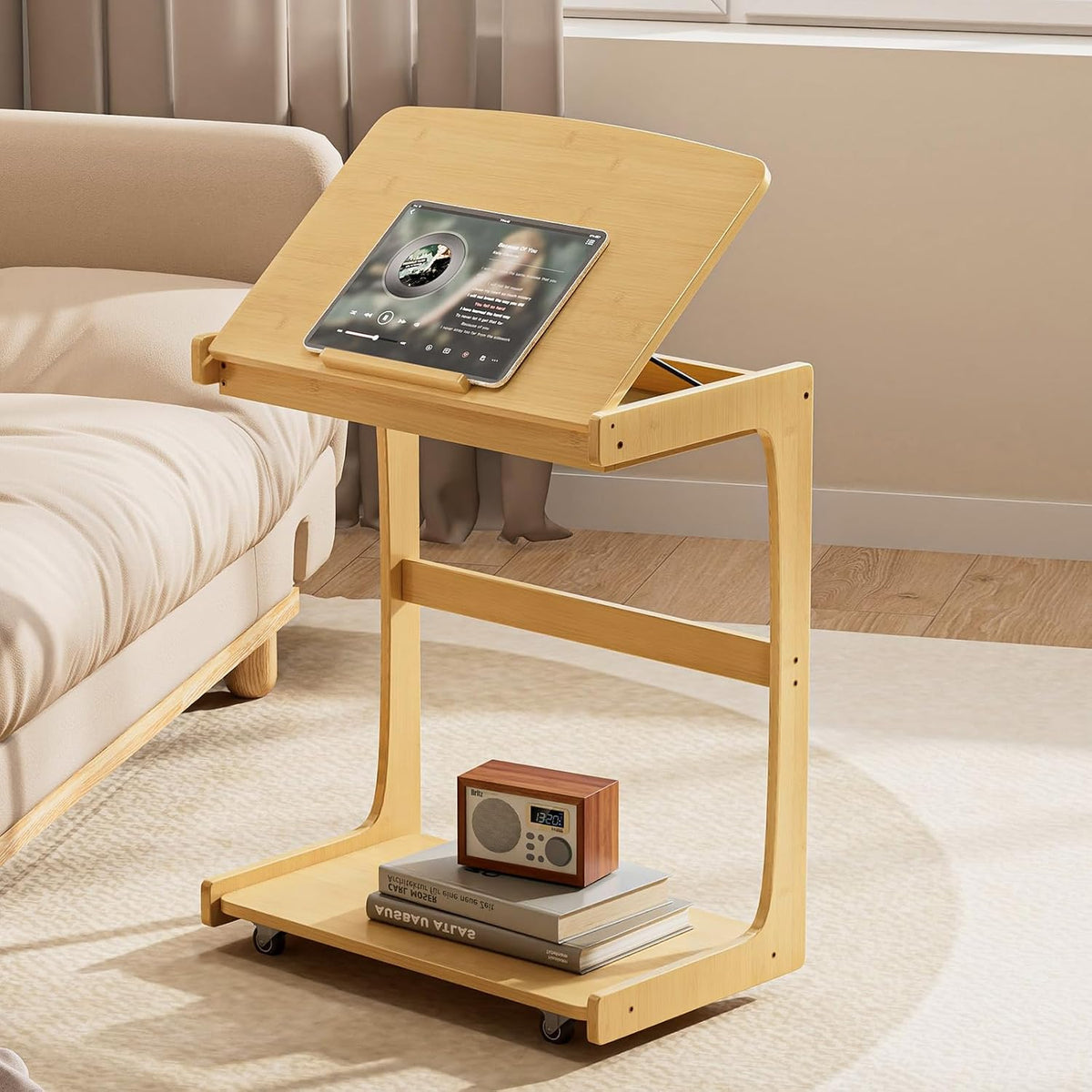 C Shaped Side Table, Rolling Bamboo End Table with Adjustable Tilt Top & Storage Shelf, Small Couch Table with Wheels for Living Room, Bedroom, Natural by Usofhaus