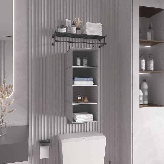 Hanging Closet Organizer 4-Shelf, Oxford Linen Wardrobe Storage, Gray | Easy-mount foldable design holds clothes, handbags, shoes & accessories; washable Oxford fabric, sturdy and space-saving. - Image 6