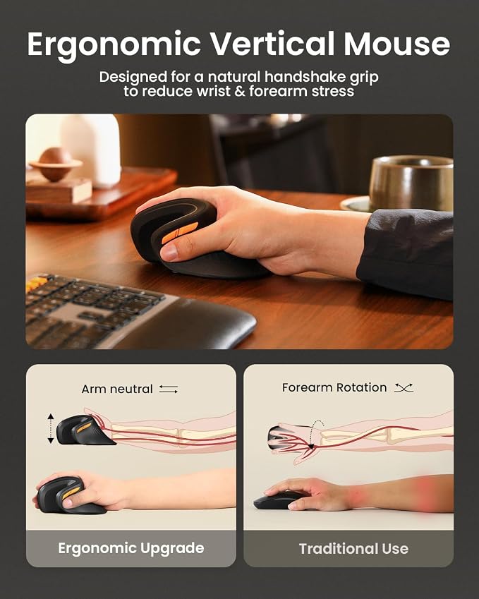 ProtoArc EM11 NL Wireless Ergonomic Vertical Mouse, Rechargeable, Black | 58° vertical design supports a natural wrist posture, connect 3 devices via Bluetooth/2.4G USB-A, 500mAh USB-C rechargeable. - Image 7