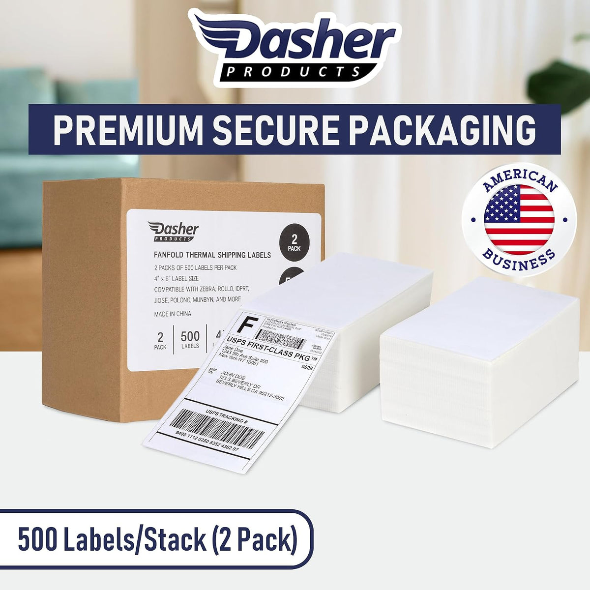 Thermal Shipping Labels 4x6, 1000 Labels/2 Stacks (500 per Stack) Commercial Grade with Permanent Adhesive, Fanfold Direct Thermal Printer Label Compatible with Zebra, Rollo, iDRPT, Polono, MUNBYN - Image 2