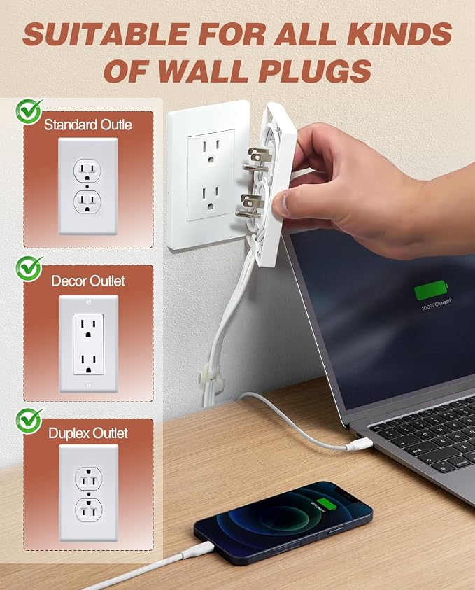Saker Dual 8ft Flat Extension Cord Outlet Cover, 3 Outlets, White | Dual 8ft Flat Extension Cords, Universal Outlet Concealer Design, Keeps Cords Hidden & Organized, Ideal for Home, Kitchen - Image 4