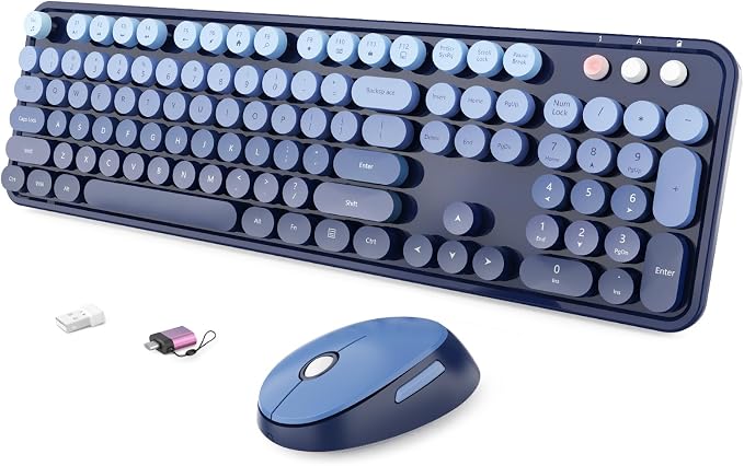 Wireless Keyboard and Mouse Combo, Ergonomic Full Size Typewriter Retro Round Keycaps Keyboard, Compatible with Windows, PC, Perfer for Home and Office Keyboards (Twilight Blue by SkyGive
