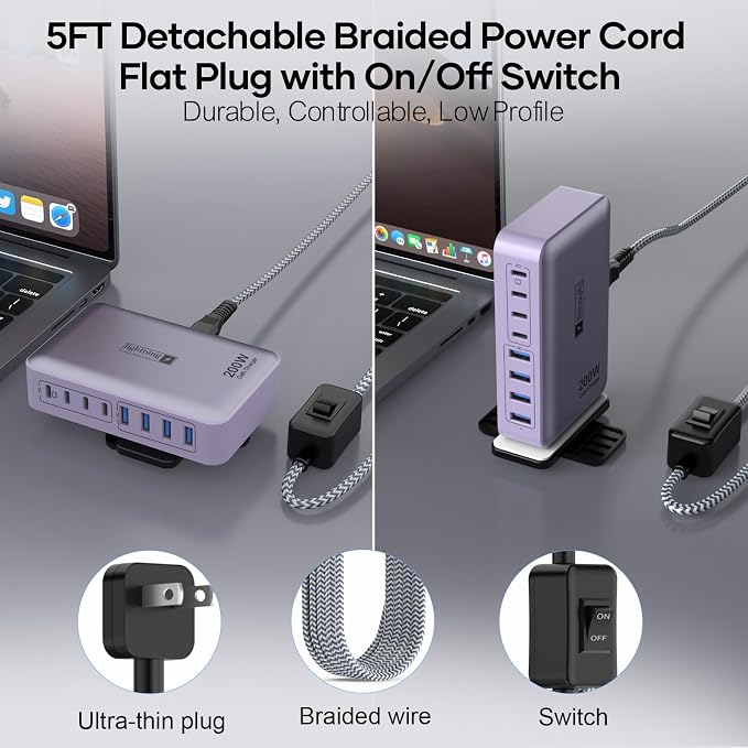8-Port Type C Fast Charger Block 200W with Flat Plug, Braided Power Cord, and On/Off Switch- USB Charging Hub for iPhone, iPad, MacBook and More- 65W C Port Power Adapter for Laptops - Image 3