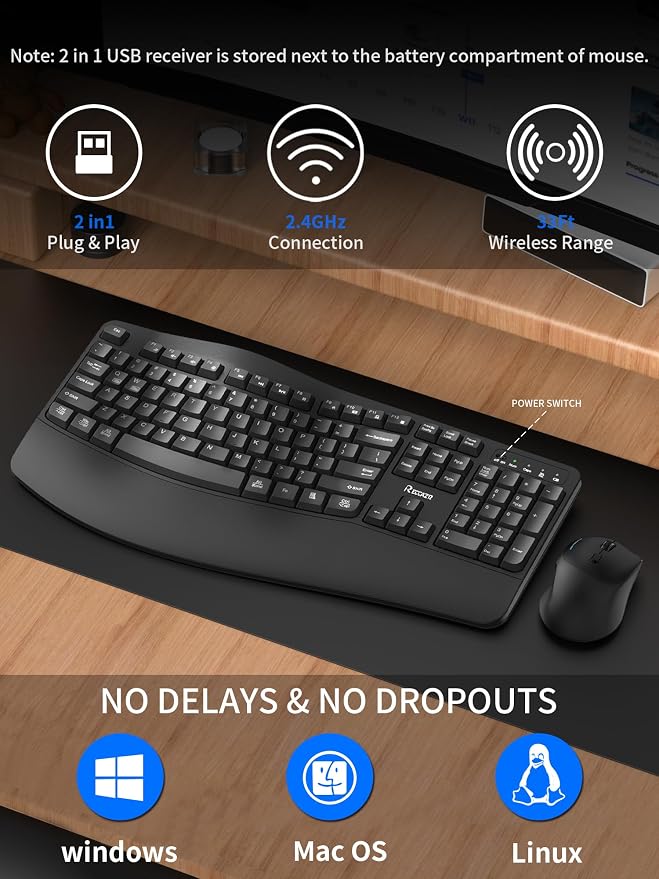Wireless Keyboard and Mouse Combo,2.4G Full Size Wave Keys Ergonomic Keyboard with Wrist Rest for Natural Typing, 3 DPI Adjustable Ergonomic Silent Mouse for Computer/Laptop/Windows/Mac (Black) | Cordless Keyboard with Wrist Rest,3-Level DPI Ergonomic ... - Image 2