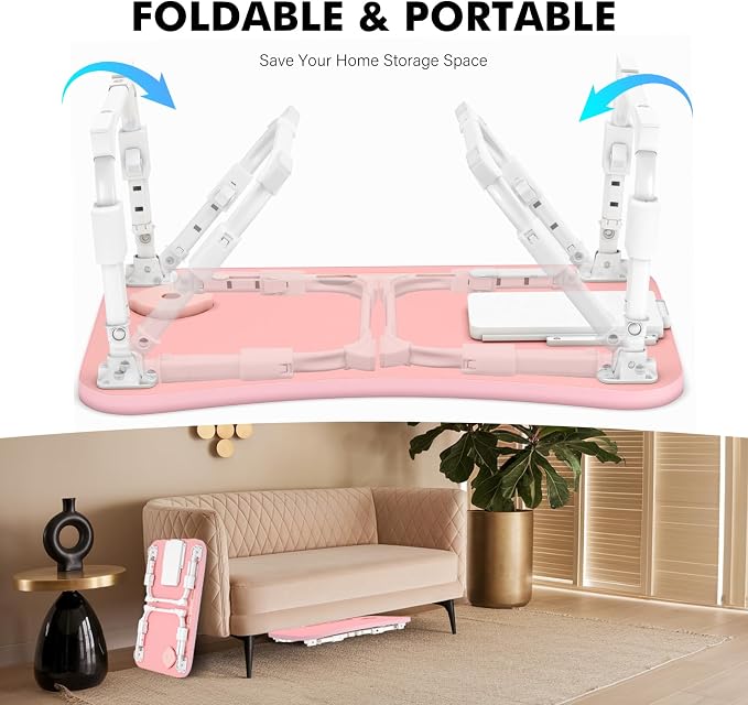 Lap Desk for Bed Adjustable Height, Foldable Bed Table with Storage Drawer, Tablet Slot & Cup Holder, Portable Laptop Stand for Bed & Sofa, Bed Desk for Adults & Kids, Pink - Image 7