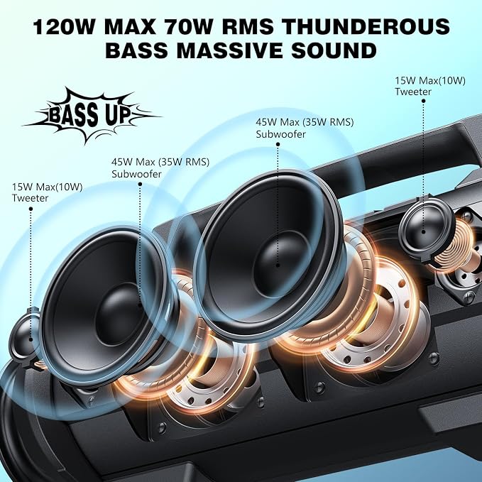 W-KING Portable Bluetooth Speaker with Wireless Microphone, 120W Peak 70W RMS Waterproof Outdoor Bluetooth Speakers, 110dB Loud Bass Up, 42H/BT5.4/DSP/RGB, Stereo Pairing for Camping/Beach Essentials - Image 4
