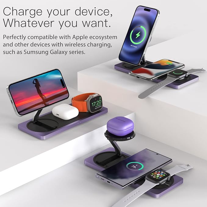 Mag-Safe Charger Stand, 3-in-1 Magnetic Wireless Charging Station for Apple Devices, iPhone 15/14/13/12 Series, Apple Watch, AirPods Pro (Purple) | For iPhone 17/Air/16/15/14/13/12, AirPods & Apple Watch, Foldable Portable Aluminum Charging Stand, Adap... - Image 5