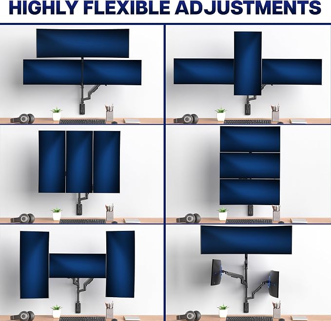 VIVO Pneumatic Arm Triple Ultrawide Monitor Wall Mount for Up to 49 inch Screens with Height Adjustment, Heavy Duty, Holds 3 Ultra Wides Up to 35.2 lbs, Black, MOUNT-VW300D - Image 6