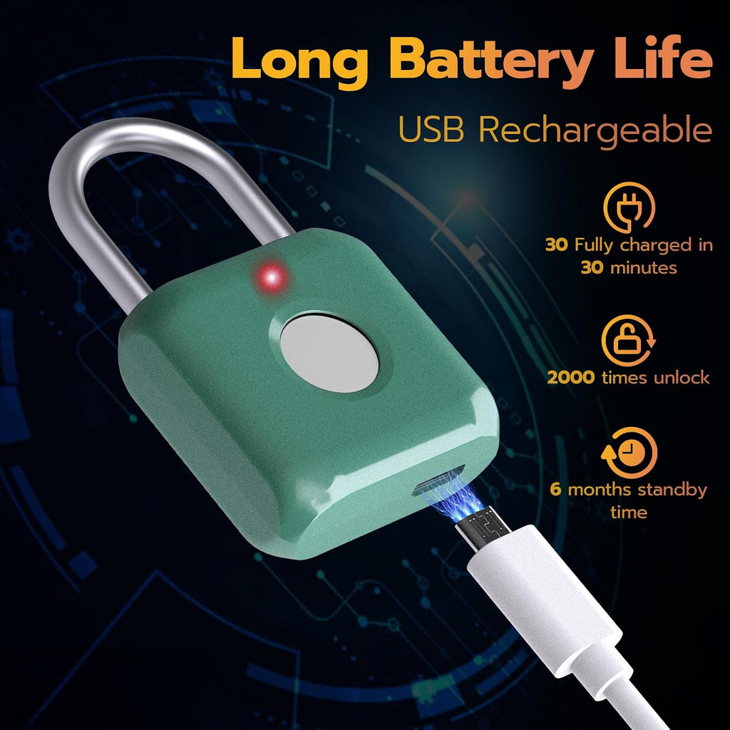 Fingerprint Padlock, Smart Metal Keyless Fingerprint Lock, Waterproof, USB Rechargeable, for Gym, School, Luggage, Backpack, Suitcase, Green - Image 5