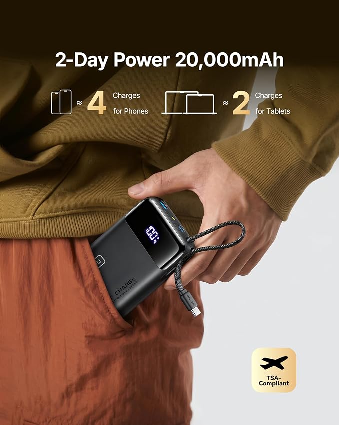 INIU Portable Charger, Smaller 45W Fast Charging Power Bank, 20000mAh Black | Flight-Safe, Built in USB-C Cable, Travel Essentials, Battery Phone Pack for iPhone 17 16 15 Pro, Samsung S26 S25, iPad etc - Image 4