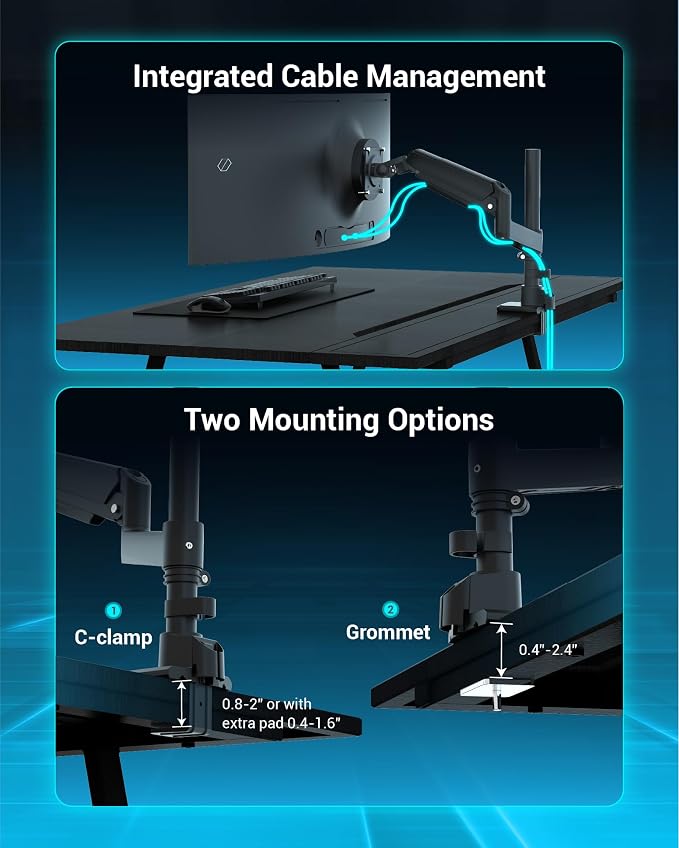 Heavy Duty Monitor Arm for 13-49 Inch Ultrawide Screens, Holds Up to 44lbs, Fully Adjustable Single Monitor Mount, with Clamp & Grommet Base, 75/100mm VESA Desk Mount, Black - Image 6