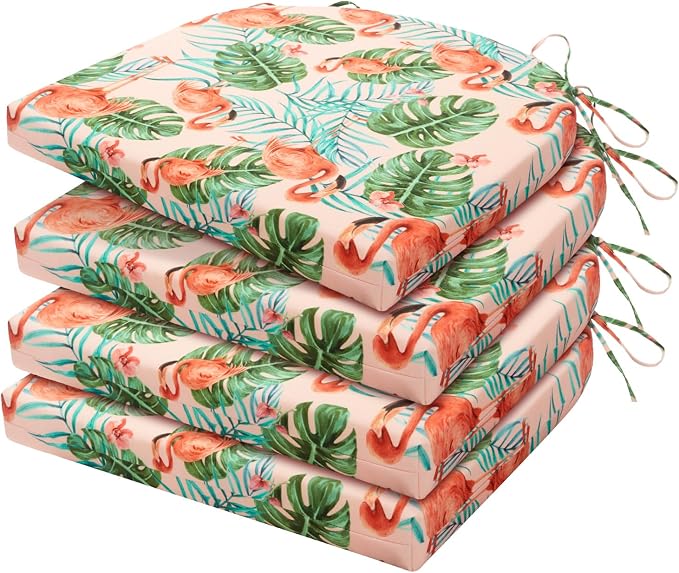 HARBOREST Outdoor Chair Cushions Set of 4, Water Resistant Patio Chair Cushions with Ties, Outdoor Seat Cushions for Patio Furniture, 17"x16"x2", Flamingo by HARBOREST