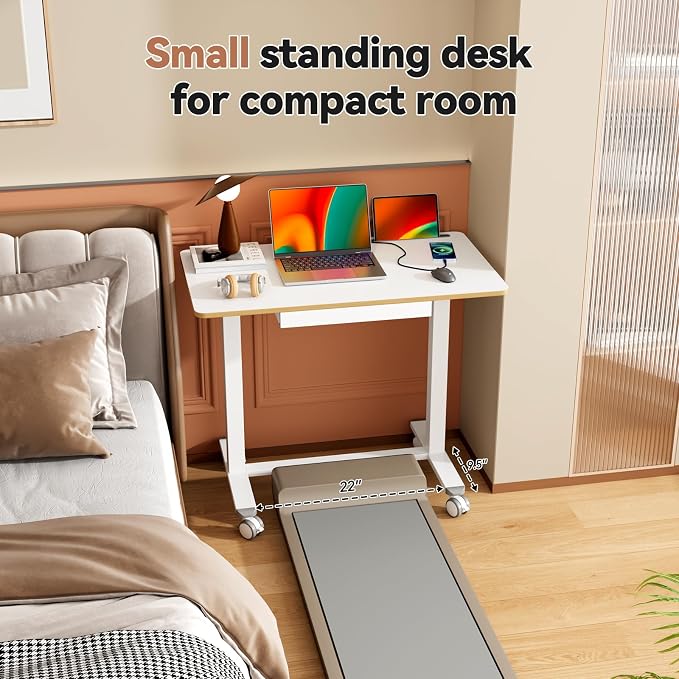 Mobile Standing Desk with Drawer, Height Adjustable, 35" White | Small Rolling Desk & Table, Pneumatic Computer Sit Stand Workstation, Portable Laptop Cart w/ Hidden Wheels, Lockable Casters - Image 8
