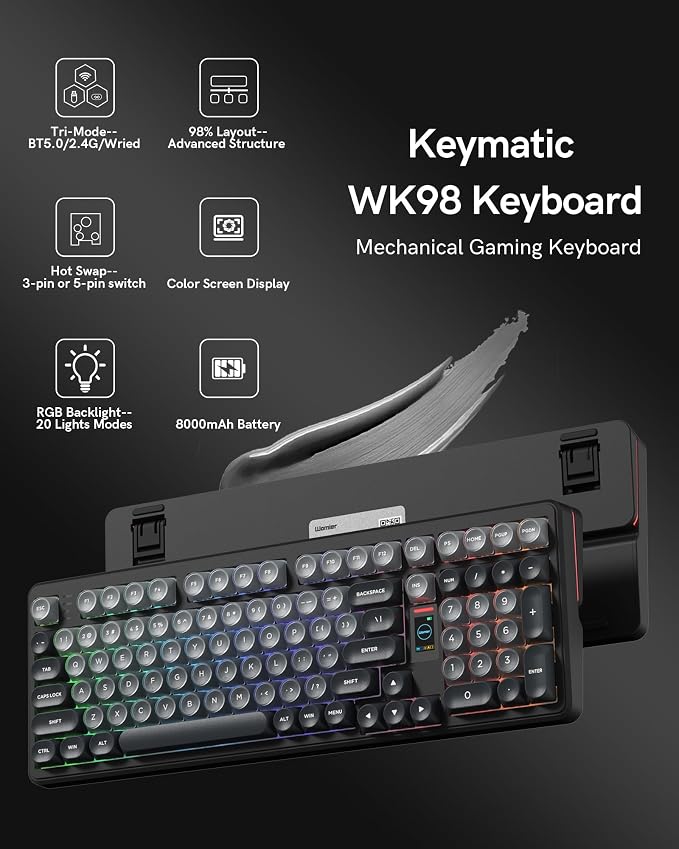 Keymatic Foundation Mechanical Keyboard,98% Pink Creamy Keyboard Gaming Keyboard,3 Mode with Multimedia Screen,RGB Backlit,Jelly MOA Profile keycaps for Win/Mac,Grey - Image 2
