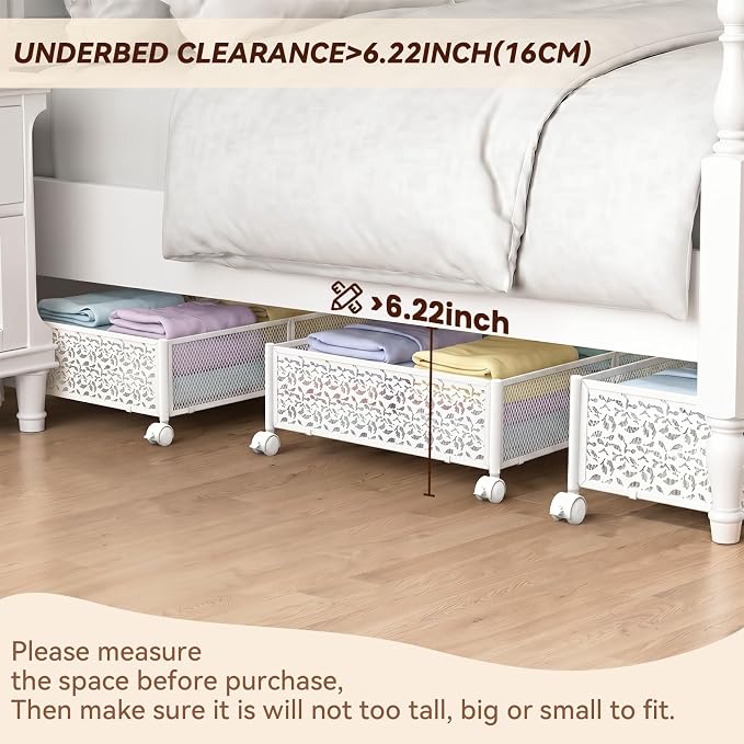 PHINOX Under Bed Storage with Wheels,Patterned,Sturdy Metal,2 Pack,White | Tool-free assembly, glide smoothly, easy reach, foldable, maxmazie low-profile beds, dorm, keep seasonal clothes, shoes fresh - Image 4