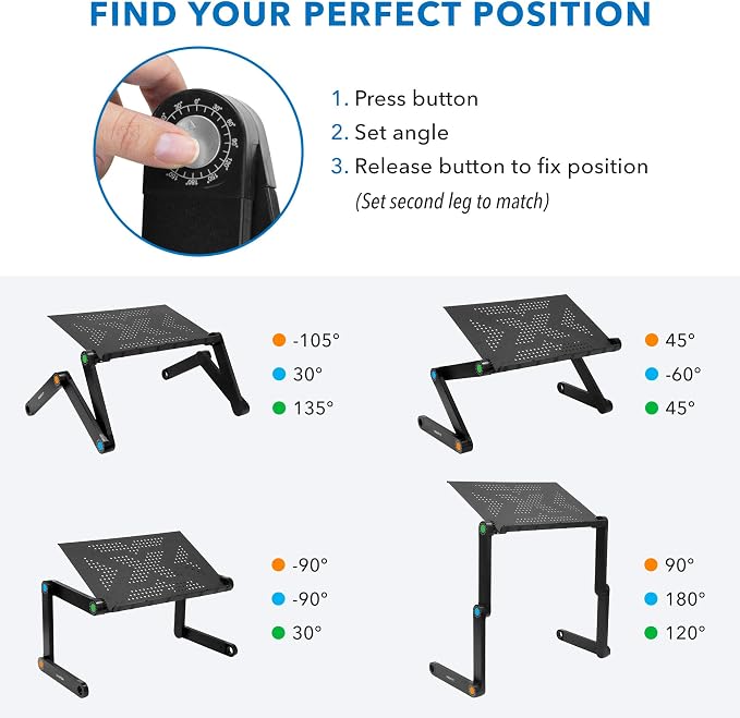 Mount-It! Adjustable Laptop Stand & Lap Desk, Freestanding Sit-Stand Laptop Tray for Bed, Couch, Desk & Floor, 22 lb Capacity, 1.6–18.9” Height, Ventilated Aluminum, Ships Fully Assembled - Image 3