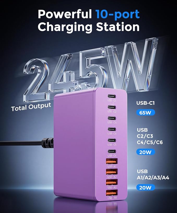 USB C Charging Station 10 Port with 4 Cables,245W GaN Charger Block | Type C Wall Charger Power Strip Adapter Plug for iPad iPhone17 16 15 14 13 12 Pro Max Pixel Note Galaxy Purple - Image 2