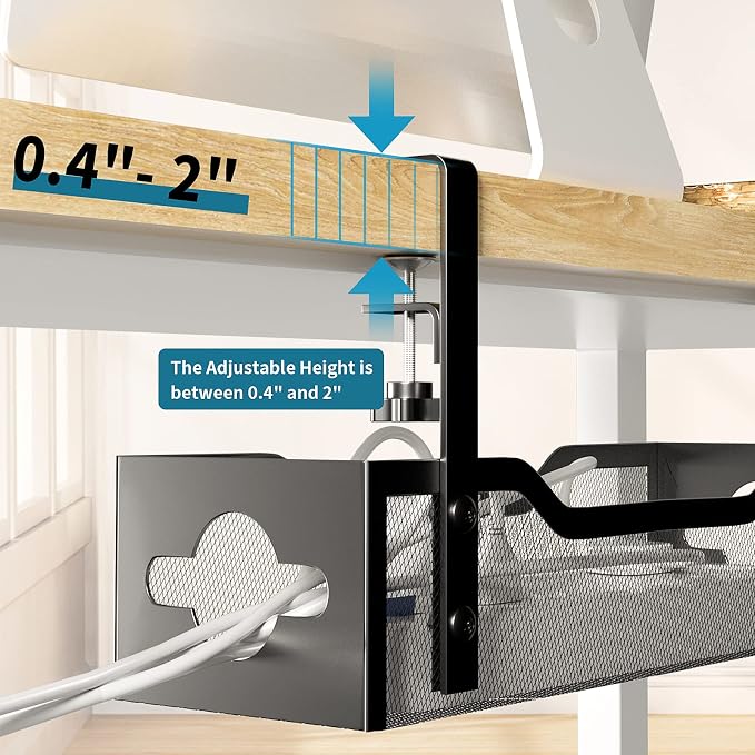 Under Desk Cable Management Tray No Drill, Metal Mesh Cable Management Under Desk with Clamp Mount, 2 Hole Cable Tray with Wire Management and Cord Organizer for Home Office Standing Desk - Image 3
